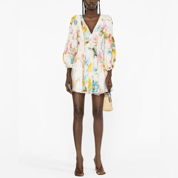Zimmermann Halcyon Floral Long Sleeve Linen mini dress size us 4 NWT - Picture 1 of 9